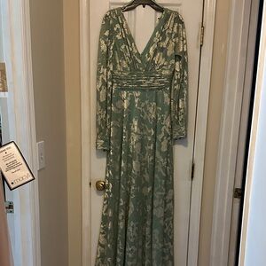 Betsy & Adam Green and Gold Long Sleeve Dress Mother of Bride